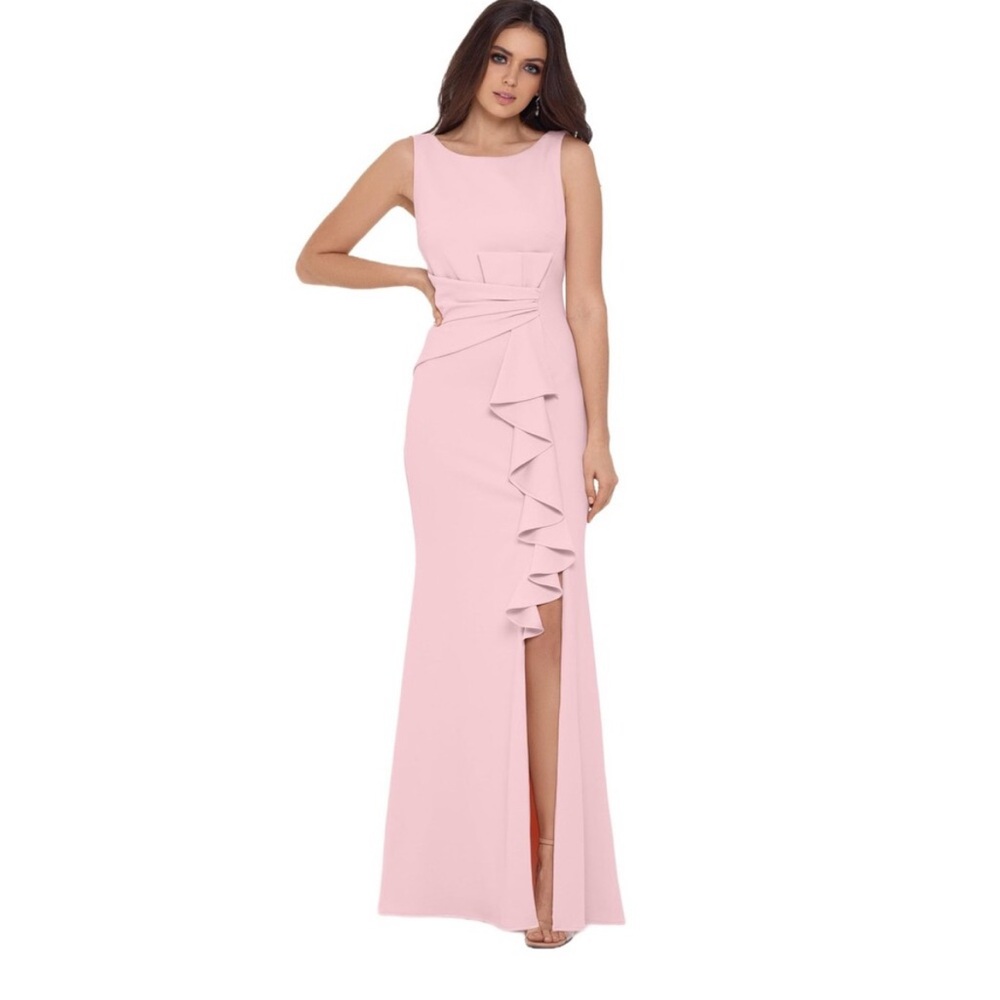 Betsy Adam Pink Formal Gown Pink Scuba Crepe Ruffle Maxi Dress SZ 8 NWT GALA MOB